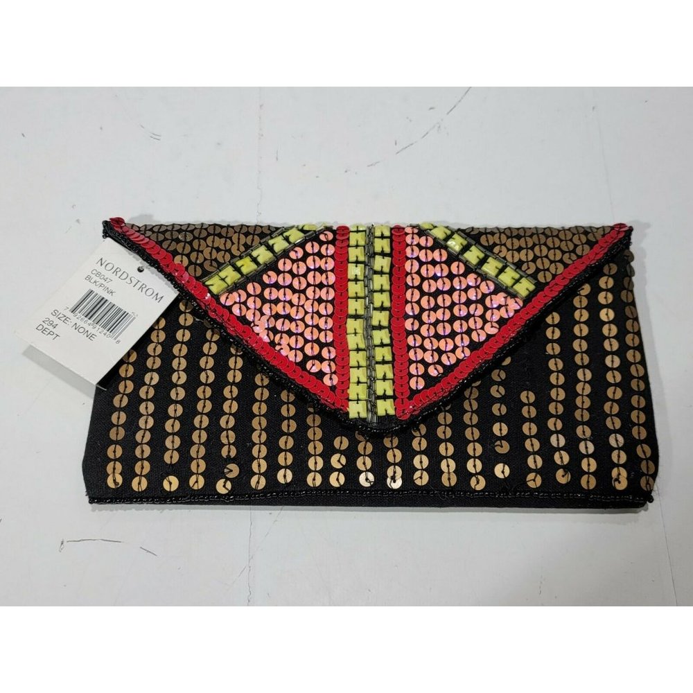 Nordstrom BERRY Black Pink Beaded Fold Over Clutch Purse NWT 10x5